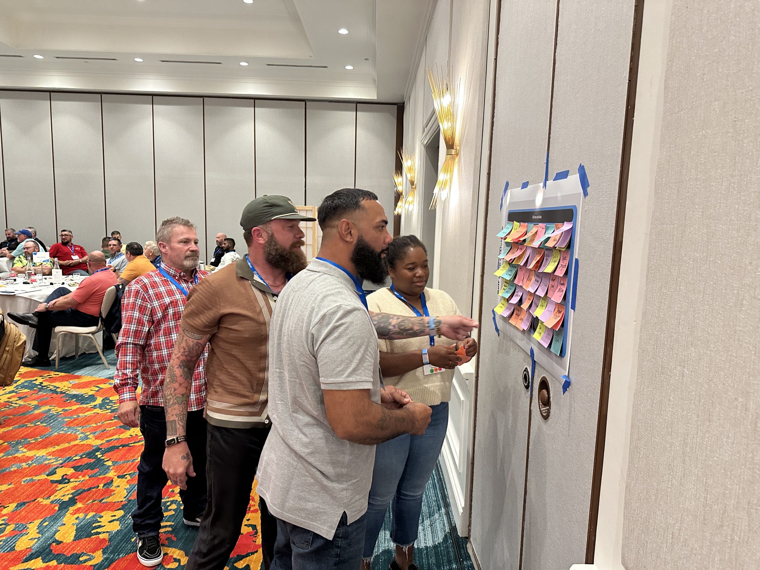 Interactive Leadership Activity at Synergy Peer Group Session Synergy Solution Group members participate in an interactive leadership exercise, posting colorful sticky notes during a peer group session for HVAC professionals.